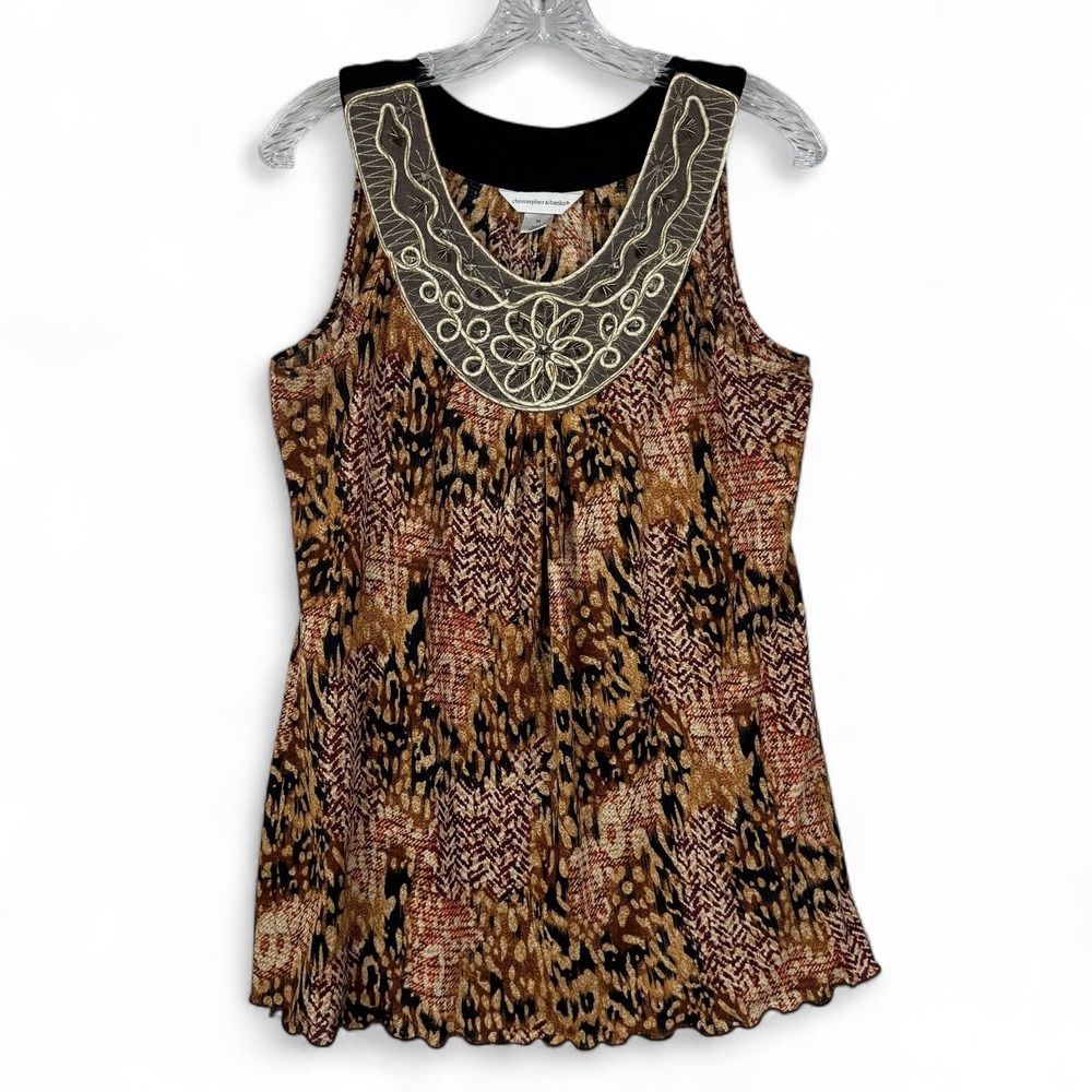 Christopher & Banks Top Womens Size Large Brown Beige Animal Print Beaded Neck